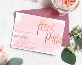 Hens Night Printable Invitation - Hens Party Invite - Pink Watercolour - Rose Gold Bridal Shower Invite - Pink Watercolor - DIY Hens Party