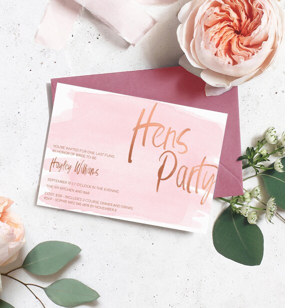 Hens Night Printable Invitation - Hens Party Invite - Pink Watercolour - Rose Gold Bridal Shower Invite - Pink Watercolor - DIY Hens Party