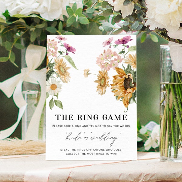 The Ring Game Sign, Printable Don't Say Bride or Wedding Game Sign, Autumn Fall Sunflower Bridal Shower Game Sign, Mews