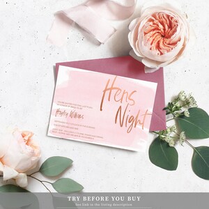 May include: A pink and white watercolor invitation with gold foil lettering that says "Hens Night" and includes the text "You're invited for one last fling in honor of bride-to-be Hayley Williams September 10 7 o'clock in the evening The Ivy Kitchen and Bar Cost $120 includes 3 course dinner and drinks RSVP-Sophie 040 345 469 by November 8"