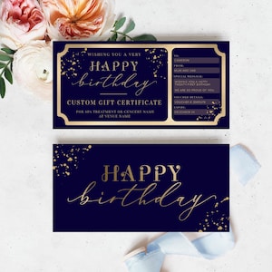 Alles Gute zum Geburtstag benutzerdefinierte Geschenkgutschein Vorlage, Navy Gold Geburtstag Geschenkgutschein, männlich Geburtstag druckbare Geschenkgutschein, Paintly