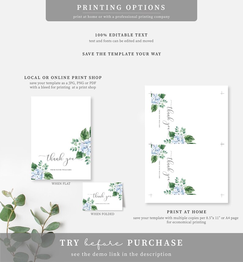 Blue Hydrangea Thank You Card, Editable Template (digital Download ...