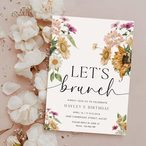 Invitación a un brunch, invitación a un brunch de cumpleaños con flores de otoño y girasoles, invitación imprimible para una fiesta de cumpleaños de niñas, invitación a un almuerzo para mujeres, Mews