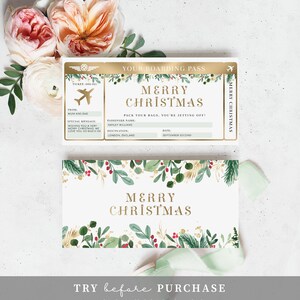 Editable Boarding Pass Christmas Template - Printable Surprise Fake Airline Ticket Gold Foil - Vacation Airplane Ticket Gift - Merriment