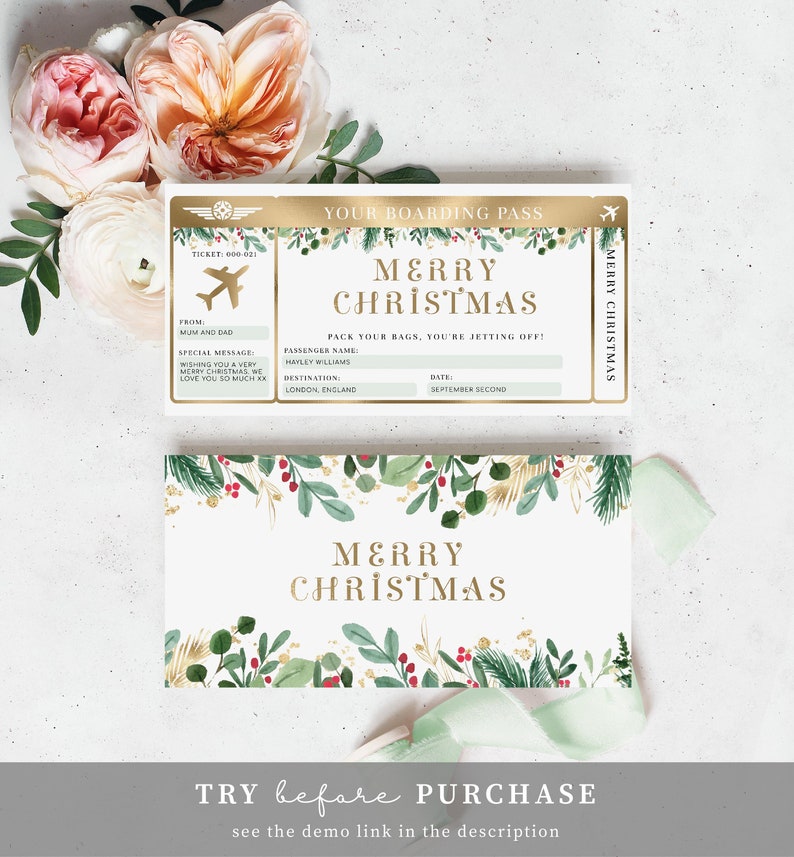 Editable Boarding Pass Christmas Template - Printable Surprise Fake Airline Ticket Gold Foil - Vacation Airplane Ticket Gift - Merriment