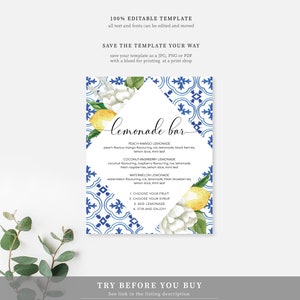 Lemonade Bar Sign - Mediterranean Blue Tile Lemons - Editable Bridal ...