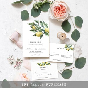 Printable Wedding Invitation Suite, Detail and RSVP Postcard,  Italian Lemons Editable Wedding Invitation Set, Italian Amalfi Lemons, Tuscan