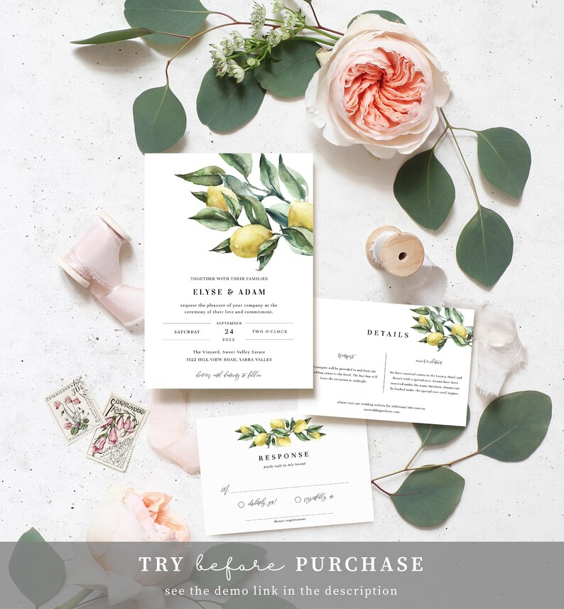 Printable Wedding Invitation Suite, Detail and RSVP Postcard,  Italian Lemons Editable Wedding Invitation Set, Italian Amalfi Lemons, Tuscan