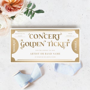 Benutzerdefinierte Konzert Golden Ticket Geschenkgutschein Vorlage, Druckbare Geschenkgutschein für das Musikfestival, Gutschein für Konzertkarten, Margo