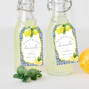 Homemade Limoncello Favor Tags, Italian Positano Blue Tile Lemon Favor Tag, Bridal Shower Favor Tag, Lemon Wedding Favor Tags