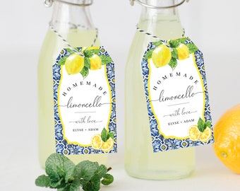 Homemade Limoncello Printable Favor Tags, Italian Positano Blue Tile Lemon Favor Tag, Bridal Shower Favor Tag, Lemon Wedding Favor Tags