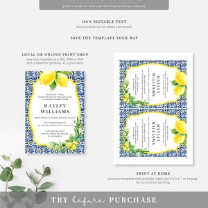 K&ouml;nnte beinhalten: Eine druckbare Einladung zu einer Bridal Shower mit einem blauen und wei&szlig;en Fliesenmuster und Zitronen. Der Text lautet "Packen Sie Ihre Sachen, Sie sind zu einer letzten Feier zu Ehren der zuk&uuml;nftigen Braut Hayley Williams eingeladen. Vom Freitag, den 10. bis Sonntag, den 12. August. Mediterranean Resort. 220 The Esplanade, North Burleigh. Kosten 100 &euro; pro Nacht. RSVP an Sophie 0412 545 667 bis November."