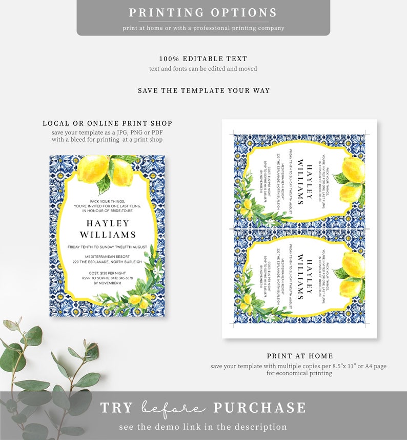 K&ouml;nnte beinhalten: Eine druckbare Einladung zu einer Bridal Shower mit einem blauen und wei&szlig;en Fliesenmuster und Zitronen. Der Text lautet "Packen Sie Ihre Sachen, Sie sind zu einer letzten Feier zu Ehren der zuk&uuml;nftigen Braut Hayley Williams eingeladen. Vom Freitag, den 10. bis Sonntag, den 12. August. Mediterranean Resort. 220 The Esplanade, North Burleigh. Kosten 100 &euro; pro Nacht. RSVP an Sophie 0412 545 667 bis November."