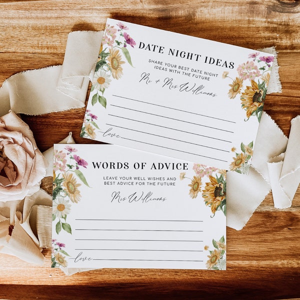 Date Night Ideas and Words of Advice Card Set, Fall Floral Sunflower Newlyweds Advice, Autumn Bridal Shower Date Night Jar Sign, Mews