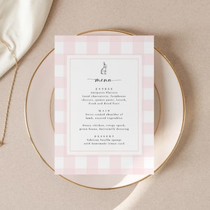 Rosa Gingham Bunny Menü-Karte, Bunny Rabbit Baby-Dusche-Menü, druckbare Mädchen-Baby-Dusche-Brunch-Menü, Picknick-Baby-Dusche-Mittagsmenü