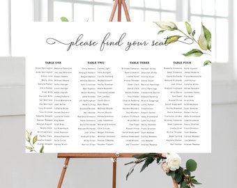 Printable Wedding Table Plan, 4 Long Banquet Tables Seating Chart, Editable Seating Chart Template, Guest List Seating Poster Darcy Greenery