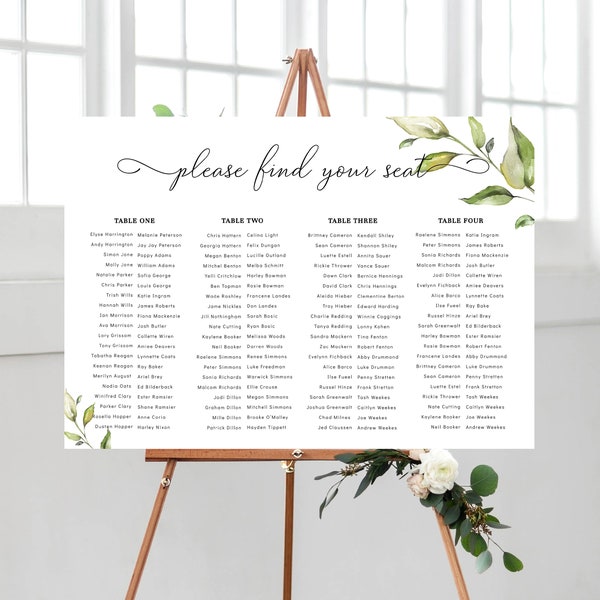 Printable Wedding Table Plan, 4 Long Banquet Tables Seating Chart, Editable Seating Chart Template, Guest List Seating Poster Darcy Greenery