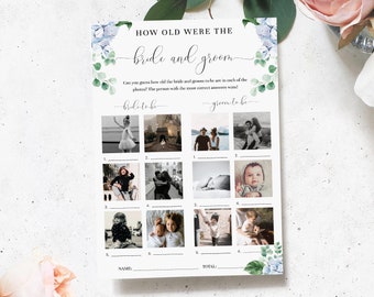 How Old Were The Bride and Groom Photo Game, Guess How Old Game, Bridal Shower Game, Baby Shower Baby Photo Game, Blue Hydrangea, Ferras