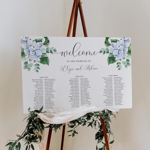 Bearbeitbarer Sitzplan, Blaue Hortensie Hochzeit 3 Bankett Tischplan, Hochzeit Willkommensschild, Sitzplan Poster, Ferras Blüte