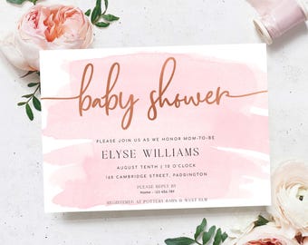 Puede incluir: Una invitación de baby shower rosa y blanca con letras doradas. La invitación dice "baby shower" e incluye el nombre "Elyse Williams", la fecha "August Tenth", la hora "10 o'clock", la dirección "160 Cambridge Street, Paddington", y la información de RSVP.
