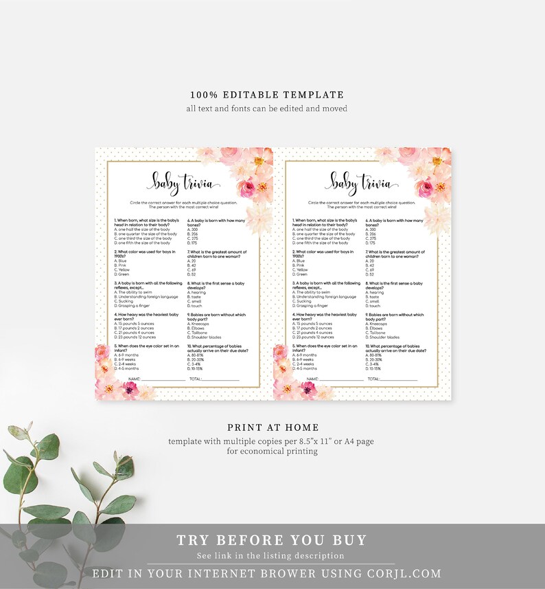 Editable Baby Trivia Quiz Game Printable Baby Shower Game ...