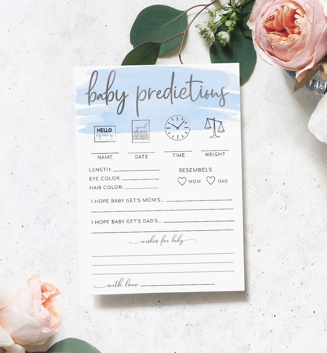 Printable Baby Shower Baby Predictions Game, Blue Watercolour Boy Baby ...