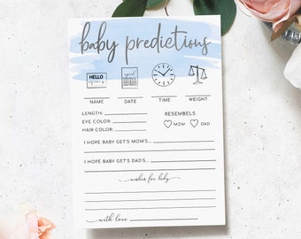 Printable Baby Shower Baby Predictions Game, Blue Watercolour Boy Baby Shower, Silver, Editable Boy Baby Shower Games, Wishes For Baby