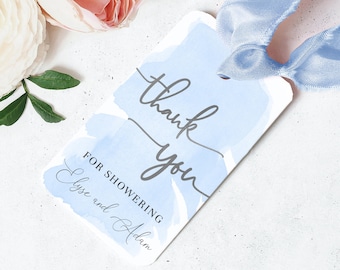 Thank You Favor Tags - Blue Watercolour - Printable Boy Baby Shower Favour Tags - Silver Foil - DIY Baby Shower