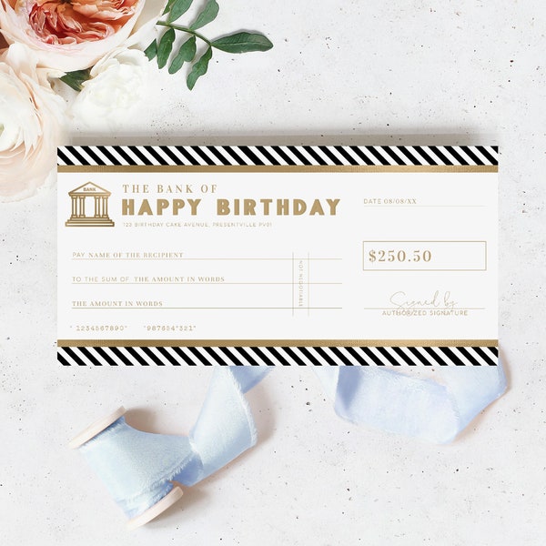 Modèle de chèque d’anniversaire, faux chèque-cadeau de chèque bancaire, cadeau d’anniversaire de certificat-cadeau imprimable personnalisé, coupon-cadeau de Noël, Stripe