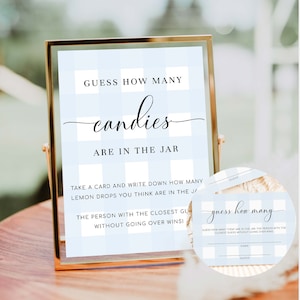 Raad eens hoeveel bordjes en kaarten, blauw pastel, hoeveel snoepjes in de pot spelbord, bord afdrukbaar babyshowerspelletjes, babyshowerspel jongen