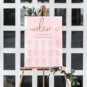 Plan de table modifiable, panneau de plan de table de mariage aquarelle rose, affiche de plan de table de mariage nuptiale, carte de plan de table pour baby shower