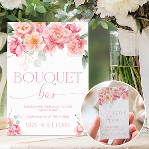 Printable Bouquet Bar Sign, Flower Bar Sign, Bridal Shower Bouquet Station Sign, Hot Pink Peony, Blush Floral Flower Favor Sign, Piper