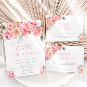 Druckbare Baby Shower Einladung, Buch Anfrage, Los, Detailkarte, Hot Pink Pfingstrose, Frühling Blumen Mädchen-Baby Shower Evite, Piper