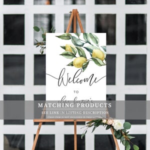 May include: Welcome sign with a watercolor illustration of a lemon branch with green leaves and yellow lemons. The sign says "Welcome to ... Matching Products See link in listing description (This item is not included in this listing)"