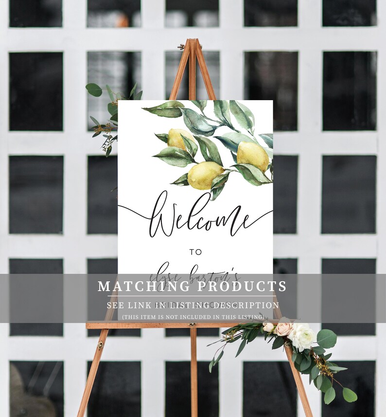 May include: Welcome sign with a watercolor illustration of a lemon branch with green leaves and yellow lemons. The sign says "Welcome to ... Matching Products See link in listing description (This item is not included in this listing)"