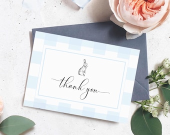 Editable Thank You Folded Card Printable - Pale Blue Gingham Bunny Rabbit Thank You Card Favors - Picnic Party Thank You Card