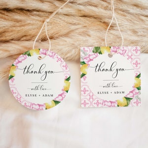 Printable Thank You Favor Tag, Mediterranean Pink Tile Lemons, Wedding Thank You Sticker, Bridal Shower Thank You Gift Tag, The Med