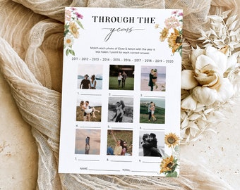 May include: A printable game with a floral design and sunflowers. The game is called "Through the Years" and asks players to match photos of a couple with the year the photo was taken. The years listed are 2011-2020.