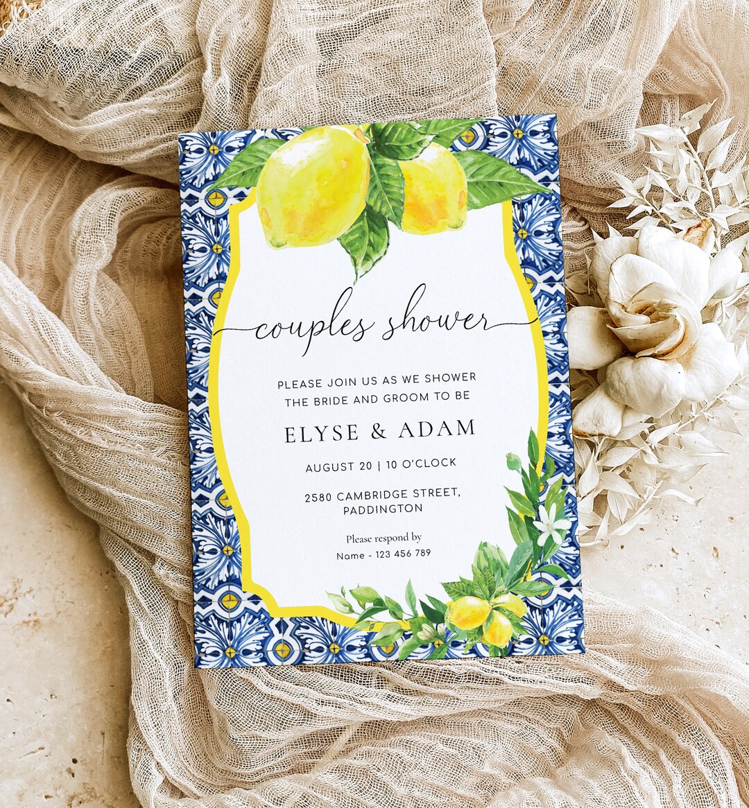 Couples Shower Printable Invitation, Positano Blue Tile Lemons, Wedding ...