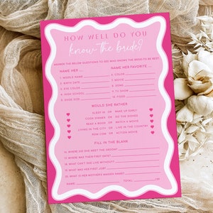 Wie gut kennen Sie die Braut Spiel, druckbares Brautdusche Trivia Spiel, modernes kurvige Linie Hochzeitsdusche Braut Quiz Spiel, Hot Pink Wave