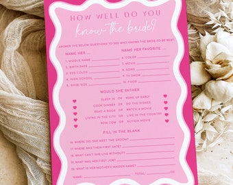Hot Pink Bridal Shower Game, How Well Do You Know The Bride (Printable), Wave