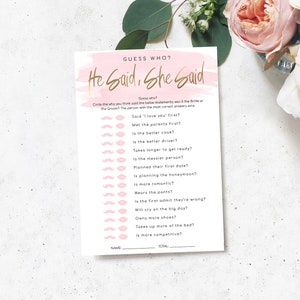 Bearbeitbar Gues Who? Er sagte, sie sagte Spiel - Goldfolie - Hennen Gesellschaft Spiele - Wer hat es zuerst gesagt - Brautparty Spiele - Rosa Aquarell