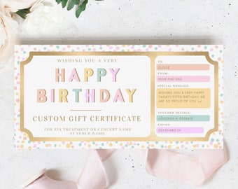 Happy Birthday Custom Gift Voucher, Printable Birthday Gift Certificate, Unisex Birthday Printable Birthday Gift Coupon, Pastel Multi Dot