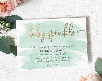 Mint Green Baby Sprinkle Invitation Template - Gold Foil - Gender Neutral Baby Shower Invite - Printable Editable Invitation - Watercolour