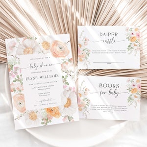 Afdrukbare babyshoweruitnodiging, luierloterijticket, boeken voor baby, genderneutrale babyshower, babyshower boho wilde bloemen, Millie