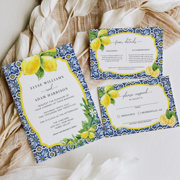 Positano Blue Tile Lemons Wedding Invitation, Finer Details and RSVP Postcard Set, Italian Almalfi Coast Theme Printable Wedding Invitation