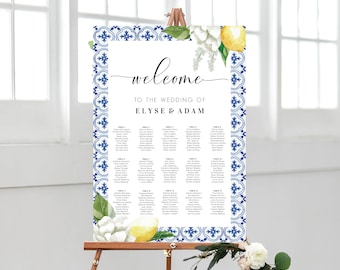 Printable Wedding Table Plan, Mediterranean Blue Tile Lemons Theme Printable Wedding Seating Chart, Editable Seating Plan, The Med