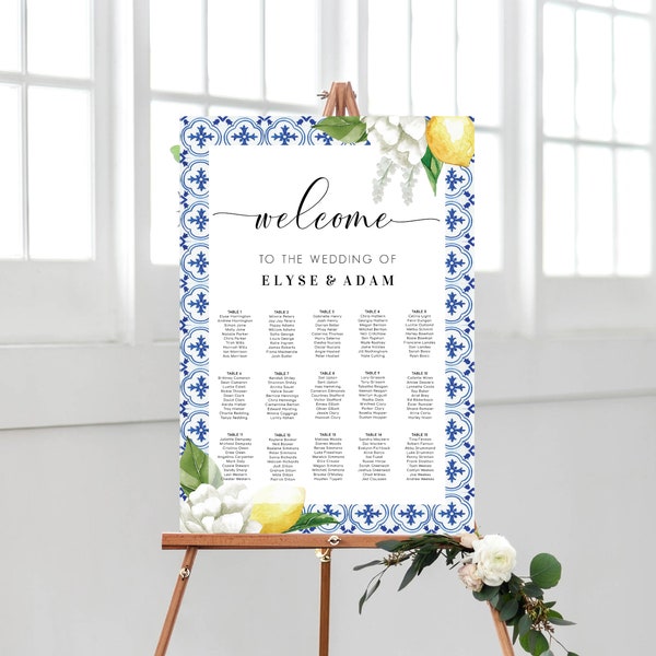 Printable Wedding Table Plan, Mediterranean Blue Tile Lemons Theme Printable Wedding Seating Chart, Editable Seating Plan, The Med