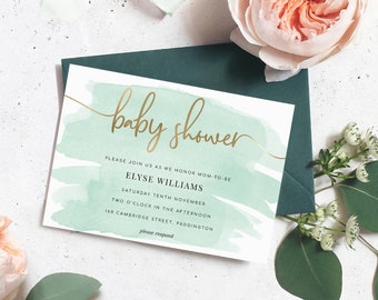 Gender Neutral Baby Shower Invitation Template - Gold Foil - Green Baby Shower Invite - Printable Editable Invitation - Watercolour