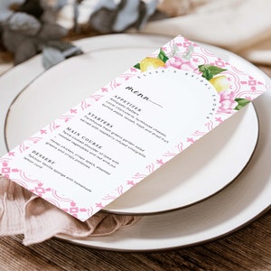 Mediterrane rosa Kachel bearbeitbare Menü-Bogen-Vorlage, druckbares Hochzeits-Abendessen-Menü mit italienischem Zitronen-Thema, Brautparty-Menü, The Med